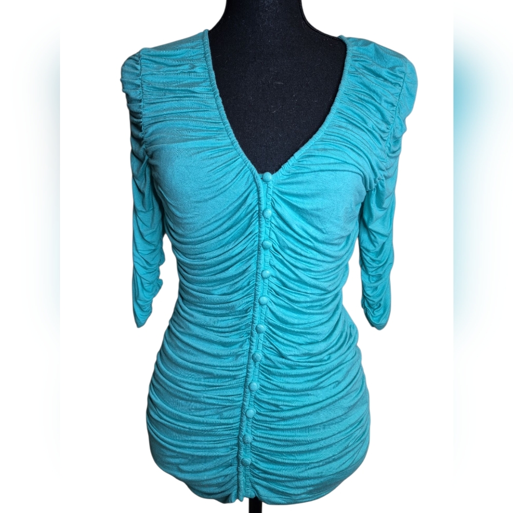 Sunday in Brooklyn Teal Ruched Button-Front 3/4 Sleeve Top – Size XS